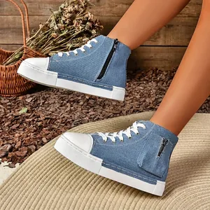Dames Hoge Canvas Schoenen Dikke Zool Plateau Casual Board Sneakers Zijrits Ronde Neus Effen Kleur Mode Sneakers