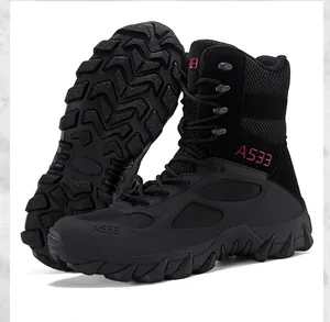 Detail of black tactical combat boots showing rugged sole and high-top design