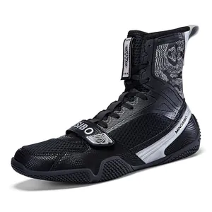 Professional high-top boxing and wrestling shoes in breathable black mesh