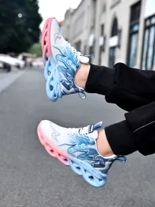 Detailed macro shot of lightweight kids' sneakers with blue and pink gradient soles
