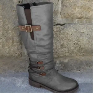 Women's grey tall riding boots with decorative brown buckle straps and square heel