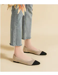 Pointed toe knitted mesh flats for women, breathable beige and black color block shoes