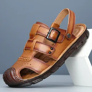 Men's Casual Genuine Leather Closed Toe Sandals Outdoor Beach Shoes Non-Slip Fisherman Sandals With Dual-Use Back Strap