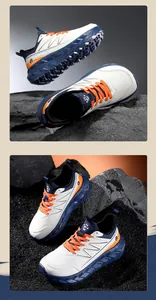 Modern wide-toe men's athletic sneakers with non-slip blue soles and orange laces.