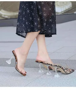 Zoom sur des sandales à imprimé léopard avec brides en PVC transparent et bout carré.