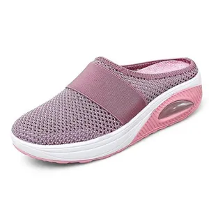 Detailed side view of premium purple breathable mesh platform mule shoes for women