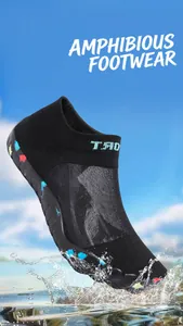 Amphibious water shoe featuring breathable mesh and five-toe design in water splash