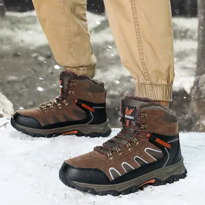 Men's winter outdoor hiking boots with fur lining and anti-slip sole in the snow.