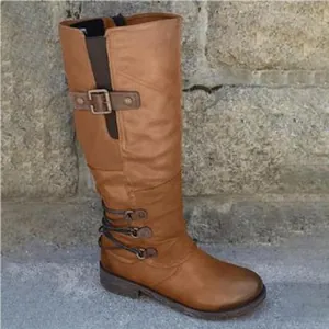 Detailed side view of a stylish brown knee-high knight boot with buckle and lace accents