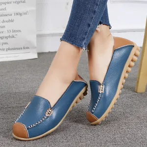 Women Casual Split Leather Loafers Round Toe Patchwork Slip-on Moccasins Comfortable Stitched Flat Driving Shoes Mom Shoes