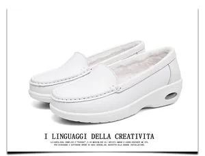 Comfortable white leather air-cushioned wedge nurse shoes with warm faux fur lining