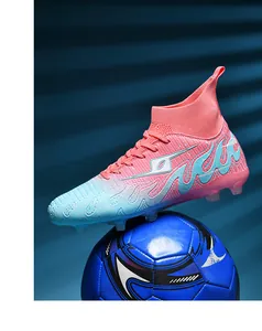 High-top soccer shoes with pink and blue gradient and AG studs for kids and adults
