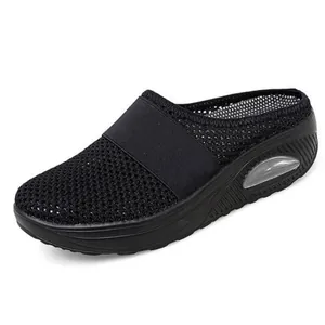 Breathable black mesh platform mule sneakers for women featuring air cushion shock sole