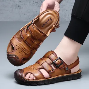 Premium men's leather closed-toe sandals featuring a non-slip sole for summer beach