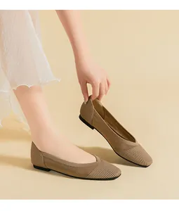 Close-up detail of khaki knit square toe ballet flats showing breathable mesh texture.