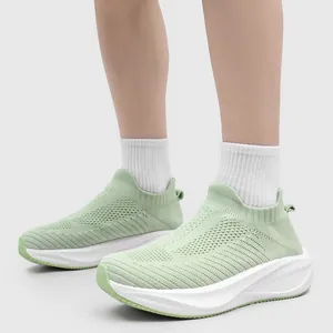 Comfortable light green fly-knit sock sneakers with breathable mesh for running.