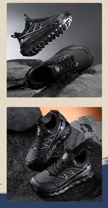 Close-up of durable sole and textured upper of black wide-toe men's athletic sneakers.