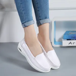 Women White Cowhide Wedge Air Cushion Nurse Shoes Breathable Hollow Casual Mother Shoes Soft Sole Comfortable Slip-on Flats