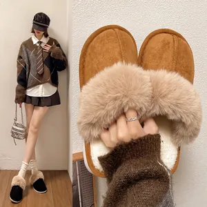 Cozy women's plush brown semi-clog slippers featuring thick fur trim and non-slip warm sole