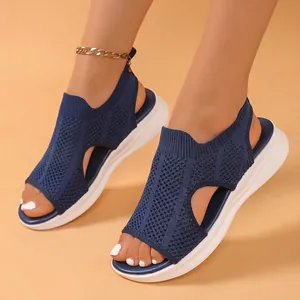 Atmungsaktive marineblaue Mesh-Strick-Plateausandalen mit Peep-Toe und Cut-Outs