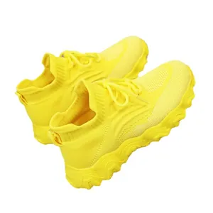 Auffällige gelbe, atmungsaktive Fly-Knit Socken-Sneaker für Damen, leichtes Slipper-Design