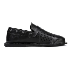 Side view of black wide-toe barefoot leather shoes for men with vintage design.