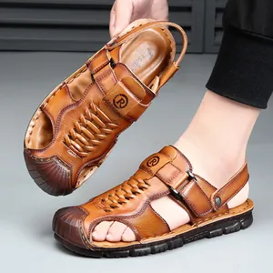 Men's premium genuine leather closed-toe sandals with non-slip sole for summer beach.