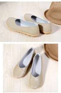 High-quality beige leather women's flat shoes featuring a soft sole and comfortable round toe