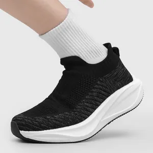 Breathable black flyknit sock sneakers with thick white sole for summer running