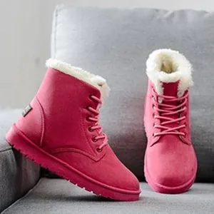 Women Winter Warm Snow Boots Fleece Lined Synthetic Suede Ankle Boots Lace Up Casual Flat Walking Shoes Outdoor Cotton