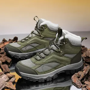 Durable army green mid-top hiking boots with breathable mesh and lugged rubber soles