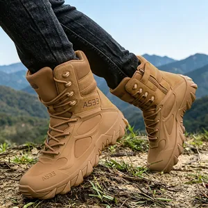 Durable men's khaki tactical combat boots for outdoor hiking and military training