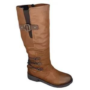 Classic brown knee-high riding boots featuring buckle strap detail and low square heel