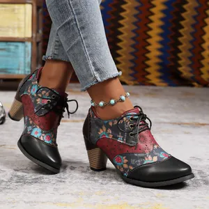 Bohemian floral pattern chunky heel ankle boots with pointed toe and lace-up detail