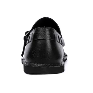 Detailed heel view of black retro wide-toe genuine leather casual shoes for men