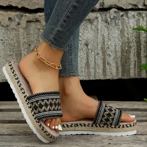 Bohemian ethnic style women's platform espadrille sandals with intricate woven patterns