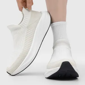 Men and women's breathable white flyknit sock sneakers with elastic slip-on design for running