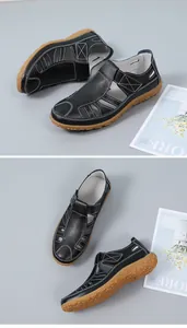 Detail von handgefertigten Vintage-Ledersandalen für Damen mit weichen Sohlen und Klett