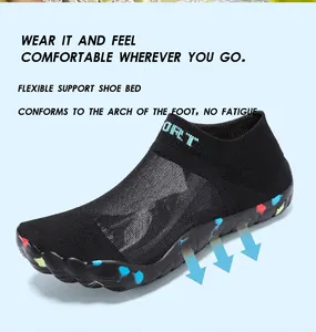 Detailed view of breathable black mesh water shoe with colorful spotted sole design