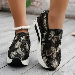 Casual wedge platform sneakers with breathable mesh and elegant gold floral embroidery