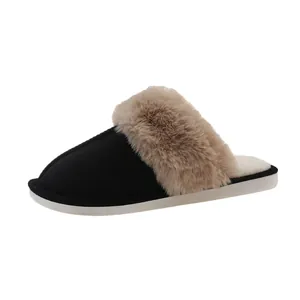 Comfortable women's black faux suede slippers with fluffy khaki fur and thick white sole