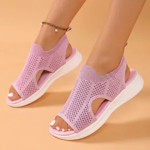 Komfortable rosa Fly-Knit-Mesh-Plateausandalen mit atmungsaktivem Fischmaul-Design