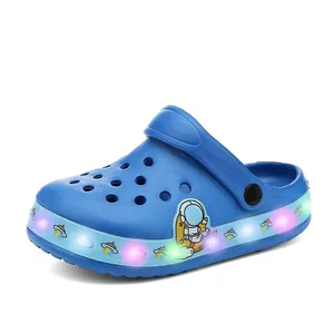 Blue LED light-up children's clog sandals featuring cartoon astronaut for summer beach