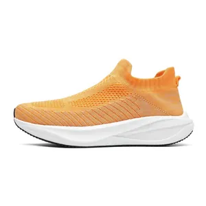 Lightweight orange breathable knitted slip-on sock sneakers for running and walking