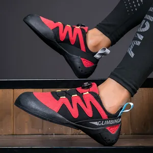Kids red and black rock climbing shoes with rotary dial closure for beginner training