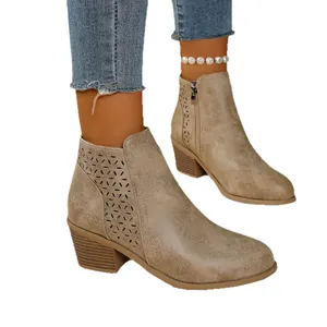 Women's laser-cut Chelsea ankle boots with pointed toe and chunky square heel in khaki