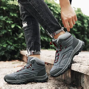 Professional grey and red mid-cut outdoor hiking boots for men in plus sizes 39-47