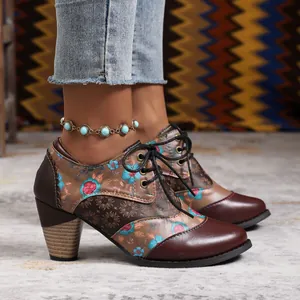 Vintage bohemian floral lace-up ankle boots with chunky heel and ethnic pattern art