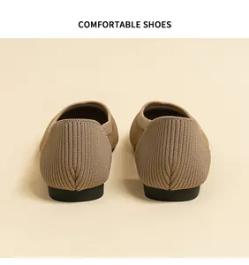 Detailed rear view showing the ribbed knit texture of brown flat shoes for women.