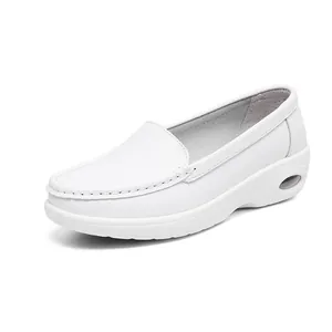 Premium white leather women's nurse shoes with air cushion wedge sole for comfort